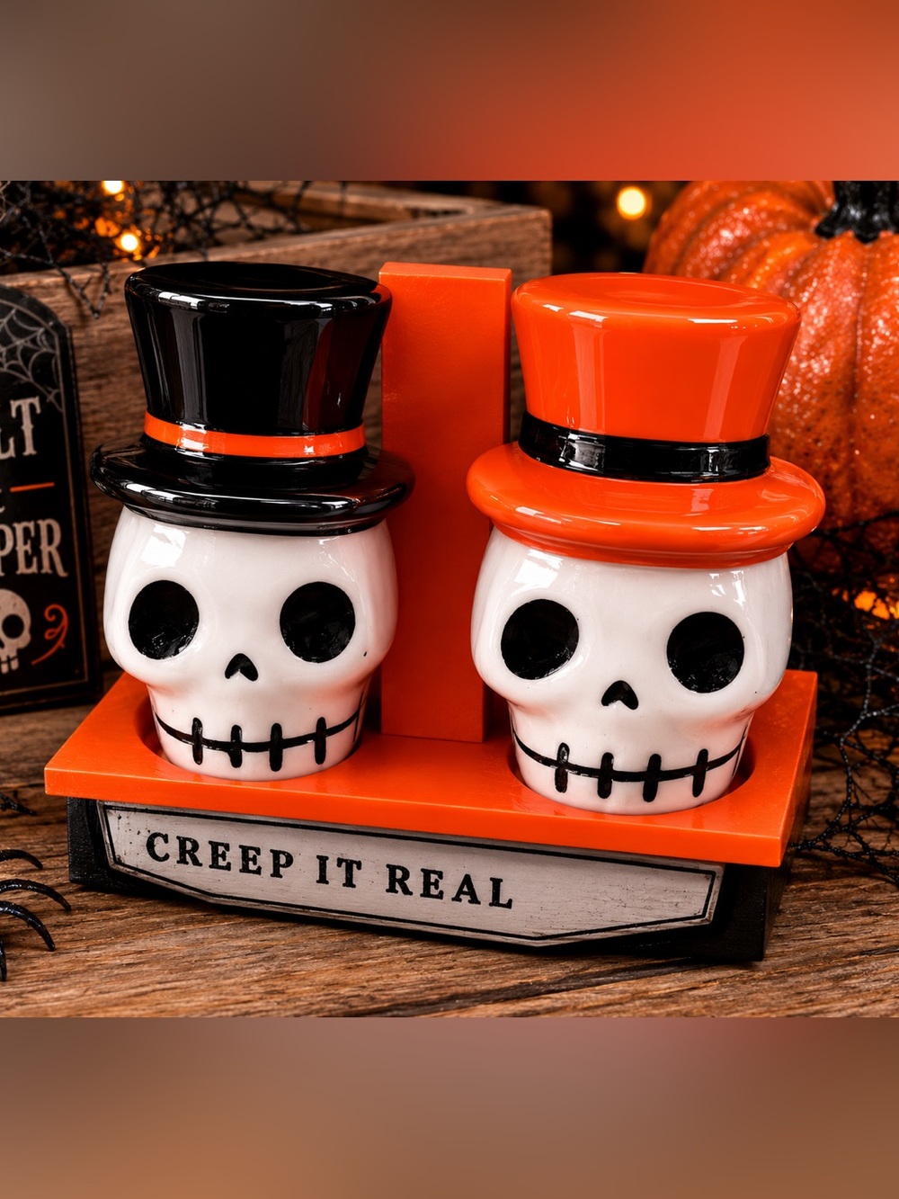 Spooky Hollow 3-Piece Salt & Pepper Shaker Set - Black & Orange